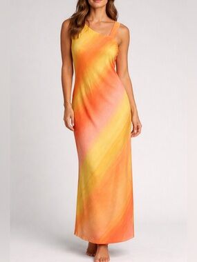 Anthro Du Paradis Ombre Satin Maxi Dress One Shoulder Sunset
